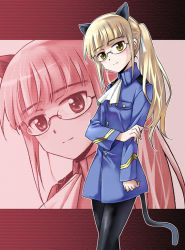 Rule 34 | 00s, 1girl, agahari, alternate hairstyle, animal ears, bad id, bad pixiv id, black pantyhose, blonde hair, blush, cat ears, cat tail, glasses, holding own arm, light smile, long hair, military, military uniform, pantyhose, perrine h. clostermann, ponytail, solo, strike witches, tail, uniform, world witches series, yellow eyes, zoom layer