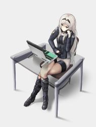 Rule 34 | absurdres, an-94 (girls&#039; frontline), bad id, bad pixiv id, blonde hair, blue eyes, boots, breasts, closed mouth, combat boots, computer, crossed legs, elbow rest, expressionless, full body, girls&#039; frontline, glass table, gloves, grey background, hairband, head on hand, head rest, highres, jacket, knee boots, laptop, long hair, long sleeves, looking at screen, panties, pencil skirt, sidelocks, simple background, sitting, skirt, sslsllsllslslslsl, table, tapping finger, thigh strap, thighs, underwear, white panties, white skirt