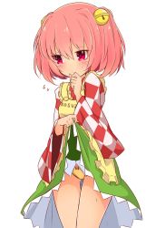 Rule 34 | 1girl, apron, bell, checkered clothes, checkered kimono, checkered shirt, clothes lift, commentary request, embarrassed, flying sweatdrops, green skirt, hair bell, hair ornament, hand to own mouth, highres, inon, japanese clothes, jingle bell, kimono, lifting own clothes, motoori kosuzu, panties, pink eyes, pink hair, shirt, short hair, simple background, skirt, skirt lift, solo, thigh gap, touhou, two side up, underwear, white background, yellow panties