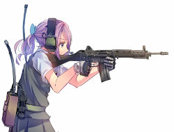Rule 34 | 10s, 1girl, aiming, assault rifle, blue eyes, bow, commentary request, daito, from side, gloves, gun, hair bow, headphones, headset, holding, holding gun, holding weapon, howa type 89, kantai collection, looking away, pink hair, pleated skirt, ponytail, radio, rifle, school uniform, shiranui (kancolle), short sleeves, simple background, skirt, solo, two-handed, vest, weapon, white background