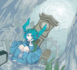 Rule 34 | 1girl, aqua eyes, aqua hair, backpack, bag, bloomers, blue dress, bubble, chair, clock, closed mouth, commentary request, crying, dot mouth, dress, full body, gears, grandfather clock, green bag, green headwear, hair bobbles, hair ornament, hand on own cheek, hand on own face, hand up, kawashiro nitori, key, knees up, long hair, long sleeves, on floor, pocket, roman numeral, sitting, solo, tatutaniyuuto, touhou, two side up, underwater, underwear