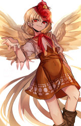 Rule 34 | absurdres, animal, animal on head, bird, bird on head, bird tail, bird wings, blonde hair, boots, brown footwear, chick, closed mouth, commentary request, covered navel, doyagao, dress, feathered wings, highres, ichirugi, multicolored hair, niwatari kutaka, on head, orange dress, red eyes, red hair, red ribbon, ribbon, shirt, simple background, smug, solo, tail, touhou, two-tone hair, white background, white shirt, wings, yellow wings