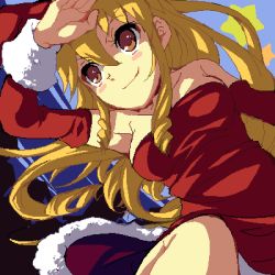 Rule 34 | 1girl, arm up, bare shoulders, blonde hair, bow, breasts, brown eyes, detached sleeves, dress, drill hair, enoo, freckles, fur trim, hair ribbon, hairband, jaggy lines, long hair, long sleeves, looking away, lowres, maya schrodinger, oekaki, open mouth, orange dress, red dress, ribbon, shading eyes, sidelocks, smile, solo, wild arms, wild arms 1