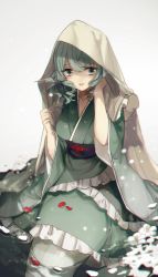Rule 34 | 1girl, blanket, blue eyes, blue hair, blurry, chromatic aberration, fins, flower, gradient background, head fins, highres, japanese clothes, kimono, long sleeves, mermaid, monster girl, no-kan, obi, open mouth, partially submerged, petals, sash, short hair, sitting, smile, solo, touhou, wakasagihime, water, wide sleeves