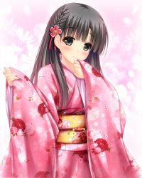 Rule 34 | 10s, 1girl, black eyes, black hair, blunt bangs, blush, braid, closed mouth, eyebrows, fingernails, floral background, floral print, flower, hair flower, hair ornament, idolmaster, idolmaster cinderella girls, japanese clothes, kimono, kobayakawa sae, long hair, long sleeves, looking at viewer, obi, pink background, pink kimono, pink theme, print kimono, sash, shocchan (sanymph), smile, solo, upper body, wide sleeves
