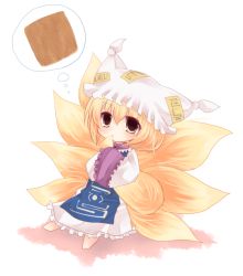 Rule 34 | 1girl, aburaage, animal hat, bad id, bad pixiv id, barefoot, biting, biting own tail, blonde hair, chibi, female focus, food, fox tail, full body, hands in opposite sleeves, hat, holding own tail, hungry, long sleeves, mob cap, multiple tails, short hair, simple background, solo, spoken food, tail, tail biting, tassel, thinking, thought bubble, tofu, touhou, white background, wide sleeves, yakumo ran, yellow eyes, yuki usagi (paretto), yukimiya (parupunta)