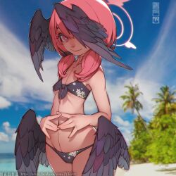 Rule 34 | 1girl, beach, bikini, black bikini, black bow, black wings, blue archive, blue sky, blurry, blurry background, blush, bow, breasts, closed mouth, cloud, day, floral print, front-tie bikini top, front-tie top, hair bow, halo, head wings, koharu (blue archive), koharu (swimsuit) (blue archive), looking at viewer, low wings, medium hair, navel, ocean, official alternate costume, outdoors, palm tree, pink halo, sky, small breasts, smile, solo, swimsuit, tree, twintails, watermark, web address, wings, zhaoyebai