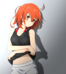Rule 34 | 1girl, absurdres, ahoge, black shirt, brown eyes, clothes lift, collarbone, fate/grand order, fate (series), fujimaru ritsuka (female), gradient background, grey background, hair between eyes, head tilt, highres, lifted by self, looking at viewer, midriff, navel, orange hair, parted lips, shadow, shi ma86, shirt, shirt lift, short hair, shorts, sleeveless, sleeveless shirt, solo, standing, stomach, white background, white shorts