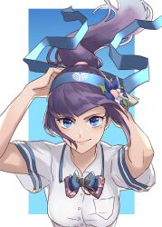 Rule 34 | 1girl, aoi ch., blue background, blue bow, blue bowtie, blue eyes, blue headband, border, bow, bowtie, breasts, closed mouth, collared shirt, commentary request, floating hair, flower, fuji aoi, gradient background, hachimaki, hair floating upwards, hair flower, hair ornament, hands up, headband, highres, kanzashi, long hair, looking at viewer, medium breasts, mole, mole under eye, outside border, purple hair, shirt, short sleeves, simple background, smile, solo, tokono touhi, tying headband, upper body, v-shaped eyebrows, virtual youtuber, white border, white shirt