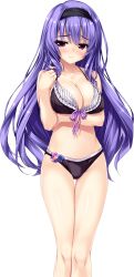 Rule 34 | 1girl, betsuin sachiho, bikini, blush, breasts, cameltoe, front-tie top, twirling hair, hairband, haruru minamo ni!, highres, large breasts, long hair, looking at viewer, navel, official art, pink eyes, purple hair, shintarou, smile, solo, swimsuit, thigh gap, transparent background