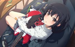 Rule 34 | 1girl, absurdres, animal, animal on lap, black hair, book, brown eyes, cat, cat on lap, cat teaser, commentary request, couch, dress shirt, electric guitar, from above, grey skirt, guitar, highres, instrument, k-on!, long hair, long sleeves, looking at viewer, nakano azusa, ogipote, on lap, pen, pleated skirt, sakuragaoka high school uniform, school uniform, shirt, skirt, twintails, white shirt
