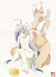 Rule 34 | 10s, 2girls, ahoge, bath stool, bathing, blush, breasts, convenient censoring, covered erect nipples, dark-skinned female, dark skin, flat chest, frown, grey eyes, grey hair, hair between eyes, hair down, hands on another&#039;s head, kantai collection, kiyoshimo (kancolle), knees together feet apart, large breasts, long hair, multiple girls, musashi (kancolle), navel, nude, red eyes, shigino sohuzi, simple background, smile, soap, soap bubbles, squatting, stool, towel, towel around neck, very long hair, washing hair, water, wet, white hair
