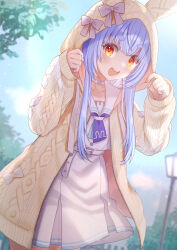 Rule 34 | 1girl, :d, animal hood, blue hair, blue neckerchief, brown cardigan, cable knit, cardigan, choker, commentary request, cross-laced clothes, cross-laced sleeves, dress, highres, hololive, hood, hooded cardigan, koto (colorcube), leaning forward, long hair, looking at viewer, neckerchief, official alternate costume, official alternate hairstyle, open mouth, orange eyes, outdoors, rabbit-shaped pupils, rabbit hood, sailor collar, short hair, sidelocks, smile, solo, straight hair, symbol-shaped pupils, thick eyebrows, usada pekora, usada pekora (casual), virtual youtuber, white choker, white dress, white sailor collar