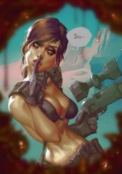 Rule 34 | 1girl, bags under eyes, belt pouch, bikini, bikini top only, black bikini, black gloves, black hair, blood, breasts, bullet hole, cleavage, finger to mouth, gloves, green eyes, grobi-grafik, gun, guro, lips, looking at viewer, medium breasts, metal gear (series), metal gear solid v: the phantom pain, mole, navel, nose, pouch, pov, quiet (metal gear), rifle, scope, shushing, sniper rifle, solo, swimsuit, trigger discipline, weapon
