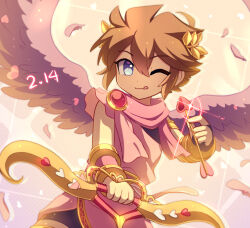 Rule 34 | 1boy, ;), angel, angel wings, arrow (projectile), bike shorts, bow, bow (weapon), brown hair, commentary, dated, english commentary, enni, glint, hair between eyes, heart, heart arrow, highres, holding, holding arrow, holding bow (weapon), holding weapon, kid icarus, kid icarus uprising, licking lips, nintendo, one eye closed, pit (kid icarus), smile, solo, tongue, tongue out, valentine, weapon, wings