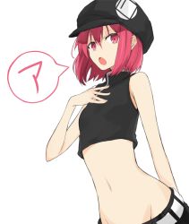 Rule 34 | 1girl, :o, a (phrase), ariaria (netsuki), bare shoulders, beret, hand on own chest, hat, midriff, miruto netsuki, navel, open mouth, original, pink eyes, pink hair, short hair, sleeveless, solo, white background