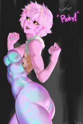 Rule 34 | 10s, 1girl, absurdres, ashido mina, ass, bare arms, bare shoulders, black background, black sclera, boku no hero academia, breasts, butt crack, colored sclera, colored skin, curvy, from side, highres, hip focus, horns, huge ass, medium breasts, nail polish, pink hair, pink skin, ragecndy, short hair, simple background, smile, solo, thick thighs, thighs, vest, wide hips, yellow eyes