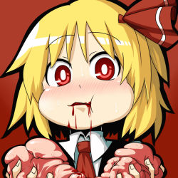 Rule 34 | 1girl, bad id, bad pixiv id, blonde hair, blood, blush, eating, embodiment of scarlet devil, female focus, food, full mouth, guro, hair ribbon, lie-lilac, necktie, portrait, red eyes, ribbon, rumia, short hair, solo, touhou