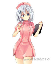 Rule 34 | 1girl, blue eyes, cowboy shot, date a live, dress, hair between eyes, hair ornament, hairclip, hat, hibiki mio, holding, long hair, looking away, nurse, nurse cap, pink dress, pink hat, short dress, short sleeves, silver hair, simple background, solo, standing, thermometer, tobiichi origami, white background