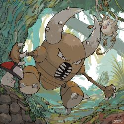 Rule 34 | &gt; &lt;, brown eyes, claws, commentary request, creatures (company), day, foongus, game freak, gen 1 pokemon, gen 5 pokemon, mankey, nintendo, no humans, open mouth, outdoors, oyasuminjyutsu, pinsir, plant, pokemon, pokemon (creature), signature, sweat, vines