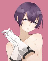 Rule 34 | 1girl, bare shoulders, breasts, closed mouth, collarbone, gloves, hair between eyes, half-closed eyes, kantai collection, looking at viewer, neko (ganecooo), nude, own hands clasped, own hands together, pink background, purple eyes, purple hair, sakawa (kancolle), short hair, simple background, solo, upper body, white gloves