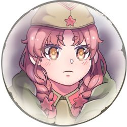 Rule 34 | 1girl, :&lt;, border, braid, closed mouth, company of heroes, hair between eyes, hat, helmet, jacket, lowres, medium hair, military, military hat, military jacket, military uniform, original, pink eyes, pink hair, portrait, solo, soviet, soviet army, star (symbol), thick eyebrows, transparent background, twin braids, uniform, v-shaped eyebrows, world war ii, zhainan s-jun