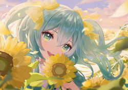Rule 34 | 1girl, :d, absurdres, aqua eyes, aqua hair, ava illust, bow, close-up, cloud, cloudy sky, commentary, eyelashes, field, floating hair, flower, flower field, hair between eyes, hair bow, hatsune miku, head tilt, highres, holding, holding flower, long hair, looking at viewer, open mouth, outdoors, shirt, sidelocks, sky, smile, solo, sunflower, sunset, twintails, vocaloid, white shirt, yellow bow, yellow flower, yellow petals