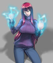 Rule 34 | 1girl, bad id, bad pixiv id, biriri (spacezin), breasts, covered erect nipples, creatures (company), denim, electricity, electrokinesis, feet out of frame, game freak, gen 1 pokemon, glowing, hands up, jeans, large breasts, long hair, looking at viewer, nintendo, pants, personification, pokemon, red hair, ribbed sweater, serious, shadow, solo, spacezin, sweater, turtleneck, very long hair, voltorb, yellow eyes