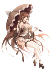 Rule 34 | 1girl, :d, animal, ass, bad id, bad pixiv id, bare shoulders, bird, breasts, brown hair, cleavage, detached sleeves, dress, food fantasy, full body, green eyes, hairband, high heels, highres, large breasts, limeblock, long hair, navel, open mouth, see-through, simple background, smile, solo, thighhighs, umbrella, very long hair, white background, white thighhighs