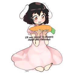 Rule 34 | 1girl, :d, animal ears, artist name, black hair, blush, carrot, code geass, commentary, dress, drooling, english commentary, english text, food, hands up, highres, holding, holding food, inaba tewi, open mouth, pink dress, puffy short sleeves, puffy sleeves, rabbit ears, red eyes, scorsheep, seiza, shadow, short hair, short sleeves, simple background, sitting, smile, solo, touhou, white background