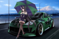 Rule 34 | 1girl, absurdres, azur lane, black hair, black pantyhose, blue sky, car, closed mouth, clothing cutout, cloud, commentary request, crossed legs, day, feet, high heels, highres, holding, holding umbrella, horns, kcar66t, lamppost, legs, long hair, motor vehicle, mountain, need for speed, need for speed: underground 2, nissan, nissan 350z, nissan fairlady z, noshiro (azur lane), oni horns, outdoors, pantyhose, purple eyes, shoes, side cutout, skin tight, sky, smile, solo, sports car, toes, umbrella, unworn shoes, vehicle focus, vehicle request
