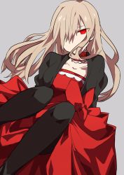 Rule 34 | 1girl, absurdres, black jacket, black pantyhose, blonde hair, bow, collar, covered mouth, dress, feet out of frame, frilled collar, frills, grey background, hair over one eye, head tilt, highres, higyaku no noel, jacket, knees up, long hair, looking at viewer, no pupils, noel cerquetti, pantyhose, red collar, red dress, red eyes, shirone (shiromame-0111), simple background, solo, waist bow