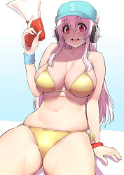 Rule 34 | 1girl, :d, arm at side, arm support, baseball cap, bikini, blush, bracelet, breasts, cleavage, collarbone, commentary request, hair between eyes, hat, headphones, highres, jewelry, large breasts, long hair, looking at viewer, megaphone, navel, nitroplus, open mouth, pink hair, red eyes, side-tie bikini bottom, sidelocks, sitting, skindentation, smile, solo, stomach, super sonico, swimsuit, whoosaku, wristband, yellow bikini