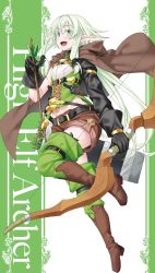 Rule 34 | 10s, 1girl, absurdres, arrow (projectile), asymmetrical clothes, blush, boots, bow, breasts, character name, cloak, elf, gloves, goblin slayer!, green eyes, green hair, green thighhighs, hair between eyes, hair bow, high elf archer (goblin slayer!), high heels, highres, kannatsuki noboru, long hair, looking at viewer, official art, open mouth, pointy ears, shorts, sidelocks, small breasts, solo, standing, thighhighs, tongue, weapon