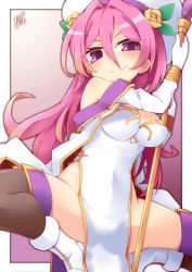 Rule 34 | 1girl, black thighhighs, blush, breasts, copyright request, dress, gloves, hair between eyes, hat, holding, holding staff, long hair, looking at viewer, medium breasts, pelvic curtain, pink eyes, pink hair, reku, smile, solo, squatting, staff, thighhighs, white dress, white gloves