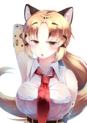 Rule 34 | 10s, 1girl, :o, absurdres, animal ears, animal print, arm behind head, armpits, blonde hair, breasts, clouded leopard (kemono friends), commentary request, elbow gloves, gloves, high-waist skirt, highres, kanzakietc, kemono friends, large breasts, leopard ears, leopard print, long hair, looking at viewer, necktie, print gloves, red necktie, shirt, simple background, skirt, sleeveless, sleeveless shirt, solo, upper body, wet, wet clothes, white background, white shirt, yellow eyes