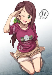 Rule 34 | 10s, 1girl, barefoot, breasts, brown hair, full body, gazacy (dai), green eyes, highres, idolmaster, idolmaster cinderella girls, large breasts, long hair, looking at viewer, one eye closed, open mouth, ponytail, salute, shirt, shorts, sitting, smile, solo, yamato aki