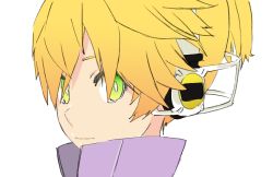 Rule 34 | 1boy, blonde hair, d futagosaikyou, from side, green eyes, hair over eyes, headphones, high collar, kagamine len, kagamine len (append), light smile, looking at viewer, looking to the side, male focus, portrait, short ponytail, solo, spiked hair, vocaloid, tda model (mikumikudance), vocaloid append, white background