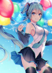 Rule 34 | 1girl, :d, balloon, bare shoulders, between breasts, black skirt, black thighhighs, blue eyes, blue sky, blush, breasts, cloud, commentary request, day, detached sleeves, fingernails, green hair, green nails, green necktie, hair between eyes, hair ornament, hatsune miku, headphones, holding, holding balloon, long hair, long sleeves, looking at viewer, medium breasts, nail polish, necktie, necktie between breasts, open mouth, outdoors, pleated skirt, see-through, shiomizu (swat), shirt, sidelocks, skirt, sky, sleeveless, sleeveless shirt, sleeves past wrists, smile, solo, thighhighs, very long hair, vocaloid, white shirt
