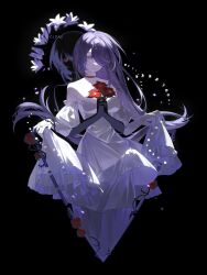 Rule 34 | 1girl, acheron (honkai: star rail), artist name, bare shoulders, black background, bridal gauntlets, choker, clear regulus, commentary, cropped torso, dress, extra arms, floating hair, flower, hair over one eye, highres, honkai: star rail, honkai (series), layered dress, long hair, long sleeves, looking at viewer, off-shoulder dress, off shoulder, one eye covered, own hands clasped, own hands together, parted lips, purple hair, red choker, red flower, sidelocks, simple background, skirt hold, solo