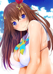 Rule 34 | 1girl, alternate breast size, bad id, bad twitter id, bare shoulders, bikini, blue eyes, blush, breasts, brown hair, closed mouth, cloud, from side, fumihiko (fu mihi ko), hair flaps, hair ornament, hairclip, highres, hololive, large breasts, lips, long hair, looking at viewer, red ribbon, ribbon, sailor collar, sky, sleeveless, smile, solo, star (symbol), star hair ornament, striped ribbon, swimsuit, tokino sora, tokino sora (hololive summer 2019), virtual youtuber, white bikini, white sailor collar