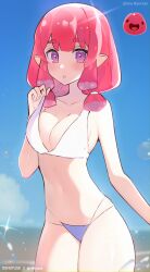 Rule 34 | 1girl, absurdres, bikini, bikini top lift, blue sky, breasts, cleavage, clothes lift, cloud, collarbone, commentary, copyright name, cowboy shot, day, english commentary, hand up, highres, large breasts, lifted by self, medium hair, outdoors, personification, pink hair, pink slime (slime rancher), pointy ears, purple eyes, reference inset, reiko lape, sky, slime rancher, solo, swimsuit, thighs, twitter username