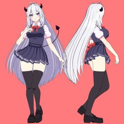 Rule 34 | 1girl, 3d, absurdres, blue eyes, breasts, demon tail, dress, hand on own chest, highres, horns, indie virtual youtuber, jjinomu, large breasts, long hair, multiple views, pinafore dress, pink background, school uniform, silver hair, sleeveless, sleeveless dress, smile, standing, tail, thighhighs, vei (vtuber), vei (vtuber) (2nd costume), very long hair, virtual youtuber