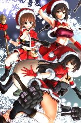 Rule 34 | 3girls, :o, absurdres, alternate costume, armpits, artist logo, artist name, bell, belt, black belt, black choker, black footwear, black legwear, blunt bangs, boko (girls und panzer), bomb, boots, bow, breasts, brown eyes, brown hair, carrying over shoulder, choker, christmas, cleavage, closed mouth, combat boots, commentary request, convenient censoring, crop top, cross-laced footwear, dress, elbow gloves, english text, explosive, floating, foreshortening, frilled dress, frills, from side, fur-trimmed dress, fur-trimmed gloves, fur-trimmed jacket, fur-trimmed skirt, fur trim, girls und panzer, gloves, grenade, grey legwear, hand grenade, hand on own head, hat, high-explosive anti-tank (warhead), highres, holding, holding sack, holding weapon, jacket, lace, lace-trimmed panties, lace-up boots, lace trim, large breasts, leaning forward, leg up, light frown, light particles, long hair, looking at viewer, looking back, man-portable anti-tank systems, mature female, medium breasts, medium hair, merry christmas, microdress, midriff, mine (weapon), miniskirt, mother and daughter, multiple girls, navel, nishizumi maho, nishizumi miho, nishizumi shiho, open mouth, panties, panzerfaust, partial commentary, pink bow, pleated skirt, recoilless gun, red dress, red gloves, red headwear, red jacket, red legwear, red shirt, red skirt, revision, rifle grenade, running, sack, santa costume, santa dress, santa gloves, santa hat, shirt, short hair, short sleeves, siblings, sisters, skirt, sleeveless, sleeveless jacket, smile, socks, standing, standing on one leg, star ornament, stick grenade, stielhandgranate, straight hair, sweatdrop, throwing, underwear, weapon, yellow bow, yoyokkun