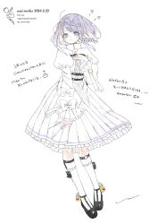 Rule 34 | 1girl, artist name, bell, black footwear, blush, bow, dated, dress, english text, frills, full body, hair ornament, hand on own chest, heart, highres, juliet sleeves, kneehighs, long sleeves, looking at viewer, original, puffy sleeves, purple eyes, purple hair, shoes, short hair, signature, simple background, skirt, socks, solo, translation request, umi cryblue, watermark, white background, white bow, white dress, white socks