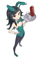 Rule 34 | 1girl, nanashi inc., alternate costume, animal ears, black hair, black pantyhose, blue bow, blue bowtie, blue footwear, blue hair, blush, bow, bowtie, closed mouth, commentary request, cup, demon girl, demon horns, detached collar, fake animal ears, fake tail, fang, flat chest, full body, heebee, high heels, holding, holding tray, horns, leotard, long hair, looking at viewer, milk carton, multicolored hair, pantyhose, playboy bunny, pointy ears, rabbit ears, rabbit tail, red eyes, shishio chris, sidelocks, simple background, smile, solo, standing, strapless, strapless leotard, sugar lyric, tail, tray, two-tone hair, virtual youtuber, white background, wrist cuffs
