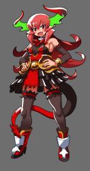 Rule 34 | 1girl, arm garter, armor, armored dress, black thighhighs, blush, bracelet, breasts, commentary request, curly hair, demon girl, demon horns, demon tail, detached sleeves, dress, fang, frilled dress, frills, garter straps, grey background, hands on own hips, highres, horns, jewelry, looking at viewer, maou beluzel, matsuda yuusuke, no bra, open mouth, red eyes, red footwear, red hair, sideboob, small breasts, solo, standing, tail, thighhighs, yuusha to maou, zettai ryouiki