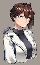 Rule 34 | 1girl, artist logo, artist name, black shirt, brown eyes, brown hair, closed mouth, coat, cropped arms, cropped torso, ergot, grey background, hair between eyes, kaga (kancolle), kantai collection, long hair, long sleeves, looking at viewer, open clothes, open coat, shirt, side ponytail, simple background, solo, upper body, white coat