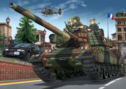 Rule 34 | 1boy, 2girls, absurdres, aerospatiale gazelle, aircraft, amx 30b2 brenus, assault rifle, beard, black car, black coat, black gloves, black hair, blonde hair, blue sky, brown hair, building, bullpup, camouflage, camouflage jacket, car, caterpillar tracks, closed eyes, cloud, coat, commentary request, day, facial hair, famas, flagpole, france, french army, french flag, gloves, goggles, goggles on headwear, green headwear, green jacket, gun, hand in pocket, hat, headlight, helicopter, helmet, highres, holding, holding gun, holding weapon, jacket, katano (taxi 2), kepi, lamppost, left-hand drive, license plate, mikeran (mikelan), military hat, military jacket, military vehicle, mitsubishi lancer evolution, motor vehicle, multiple girls, open mouth, original, outdoors, radio antenna, reactive armor, rifle, road, roundel, sky, sleeves rolled up, smile, soldier, street, sunglasses, sweatdrop, tank, tank helmet, tank turret, taxi (series), tinted eyewear, tree, trench coat, trigger discipline, v, vehicle focus, weapon