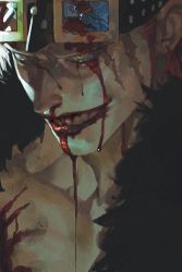 Rule 34 | 1boy, blood, blood on face, broken eyewear, crack, dripping, eustass kid, evil grin, evil smile, fur (clothing), furrowed brow, goggles, goggles on head, grin, hiten (muses a hiten), lips, long sideburns, male focus, one piece, red hair, sanpaku, scar, scar on face, sideburns, smile, solo, teeth, yellow eyes